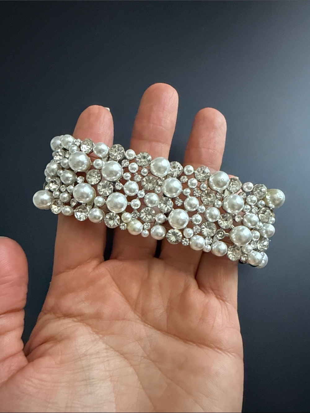Pearl & Crystal Wide Hair Barrette - Silver Tone